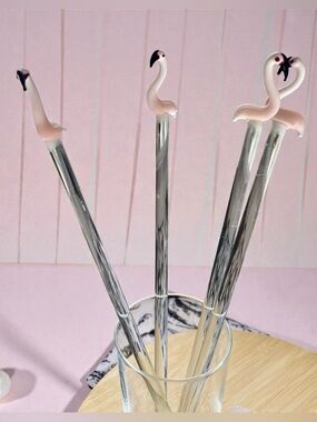Set of 4 vintage cocktail stirrers, pink flamingos, glass, hand made